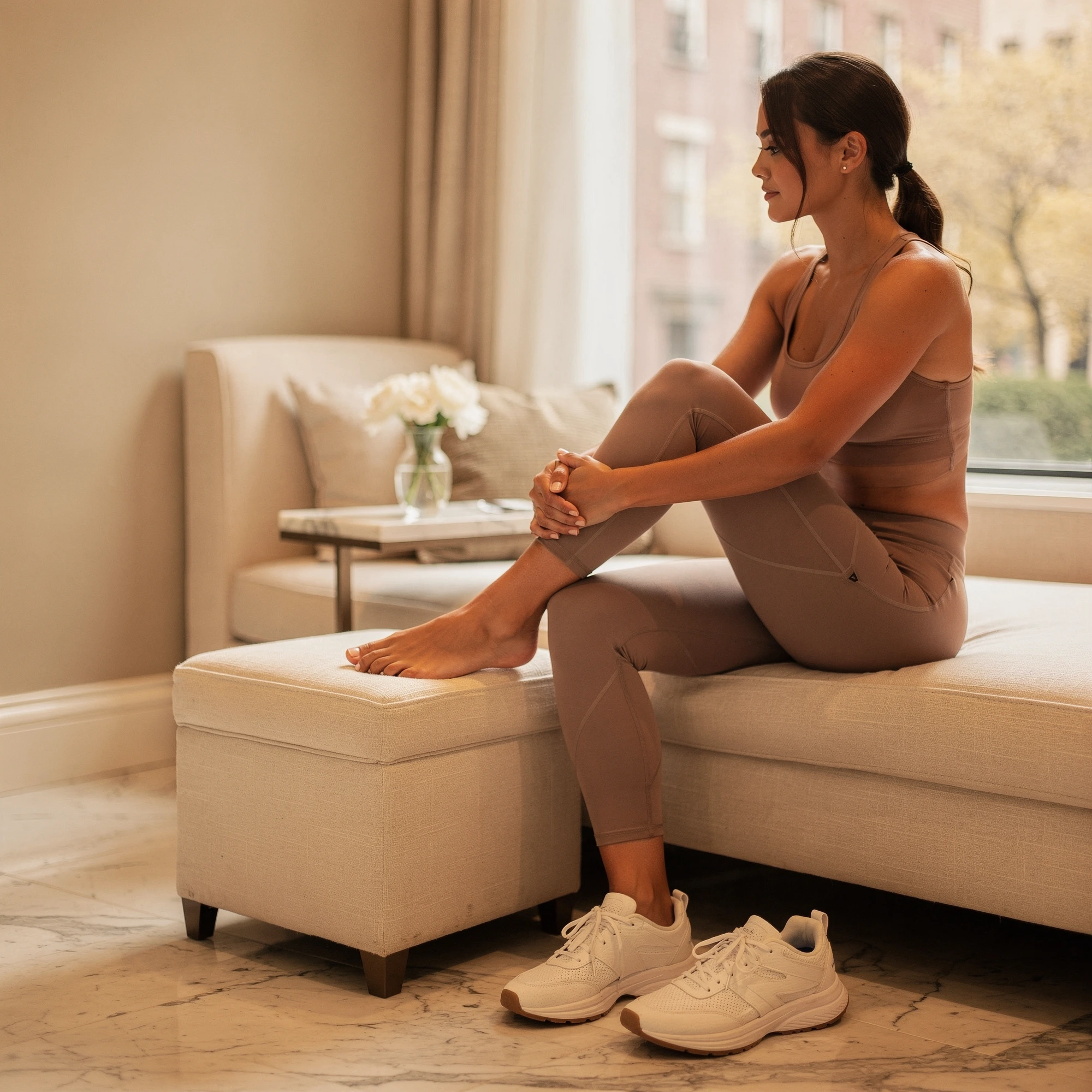 Woman in athletic wear sitting on a bed, examining her leg and foot in a bright apartment setting